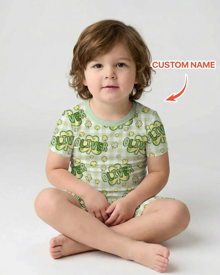 Lucky Shamrock Custom Name Bamboo Two Piece Short Sleeve Shorts Pajama Set