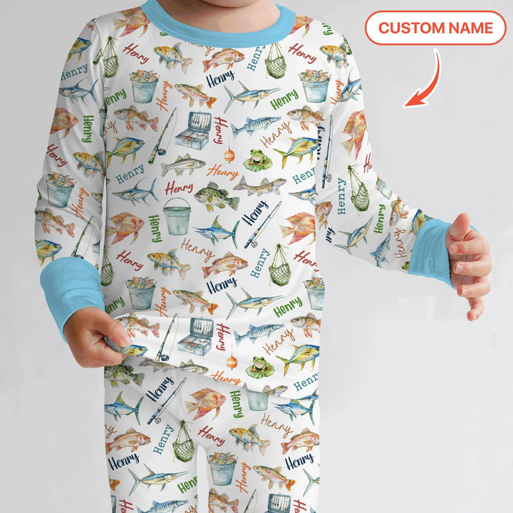 Happy Fishing Adventure Custom Name Bamboo Two Piece Long Sleeve Pajama Set