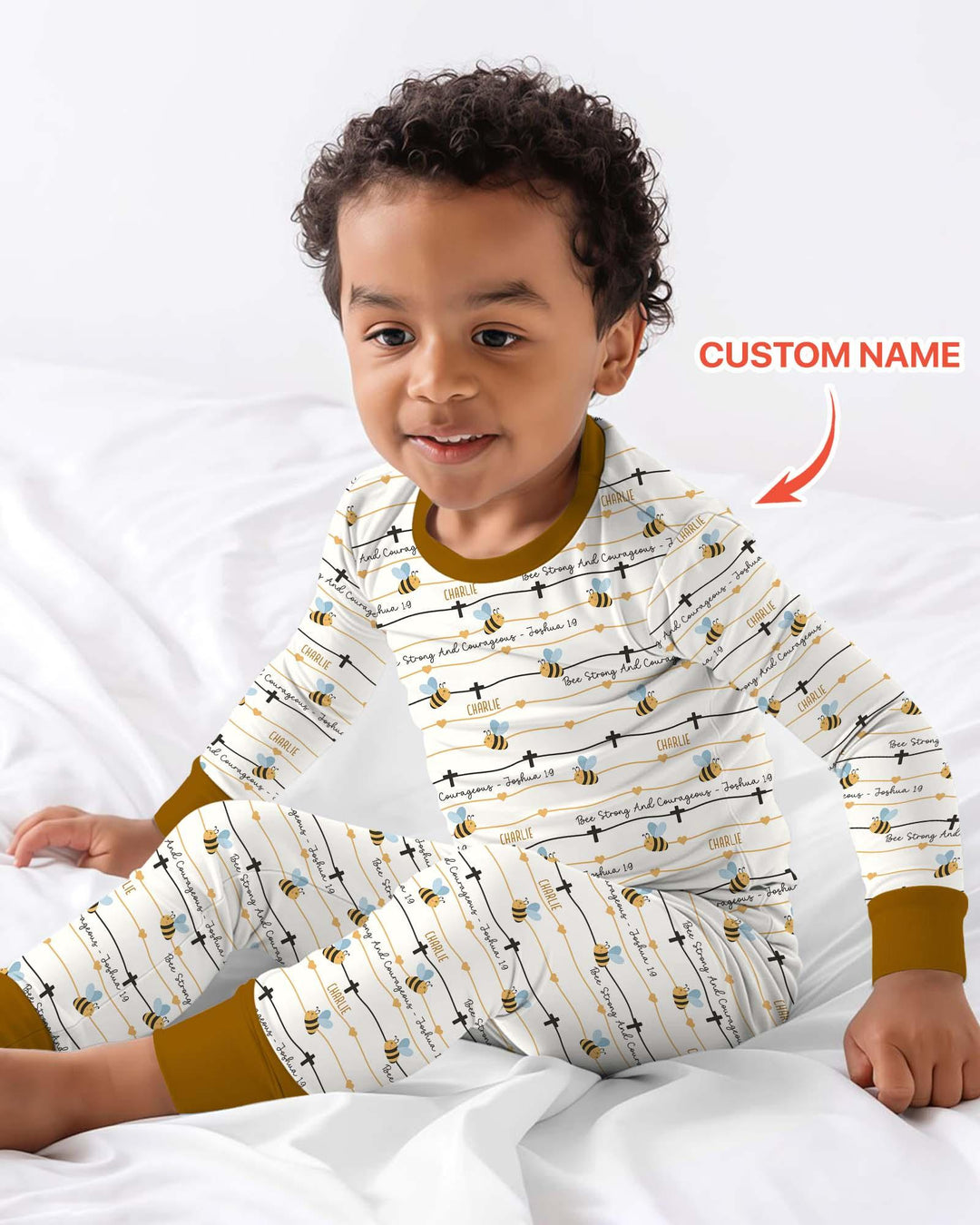 Bee Strong And Courageous Custom Name Bamboo Two Piece Long Sleeve Pajama Set