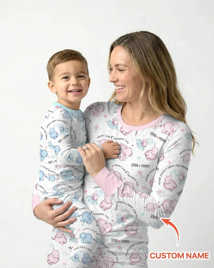 Custom Name Mother & Baby Elephant Bamboo Women Pajama Set