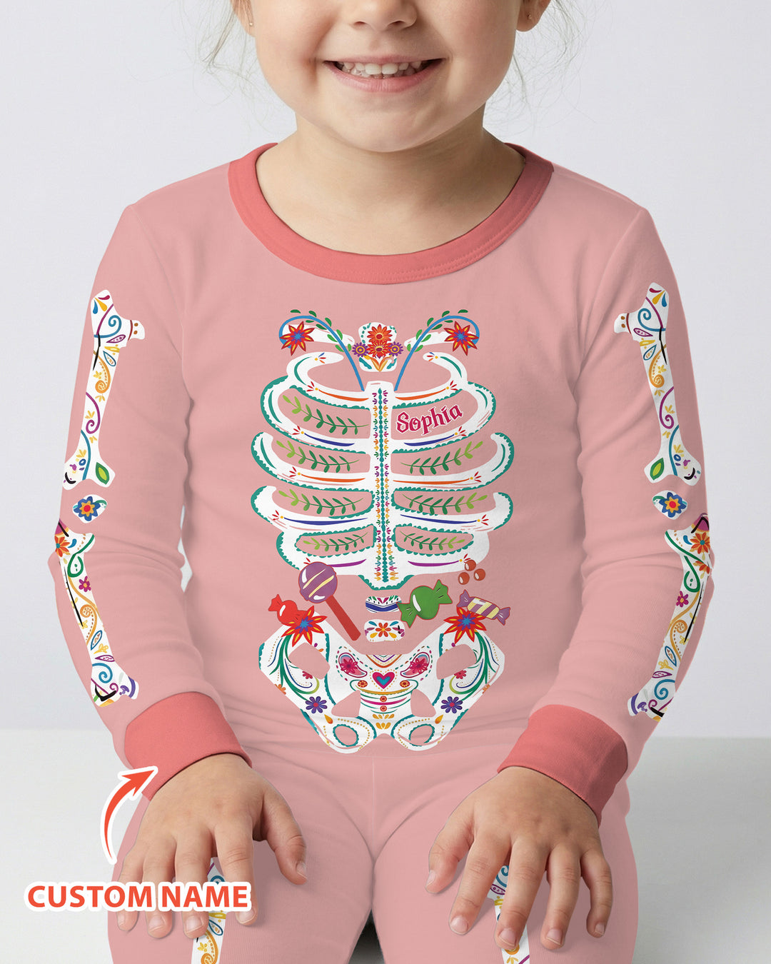 Custom Mexican Halloween Floral Skeleton Bamboo Two Piece Long Sleeve Pajama Set