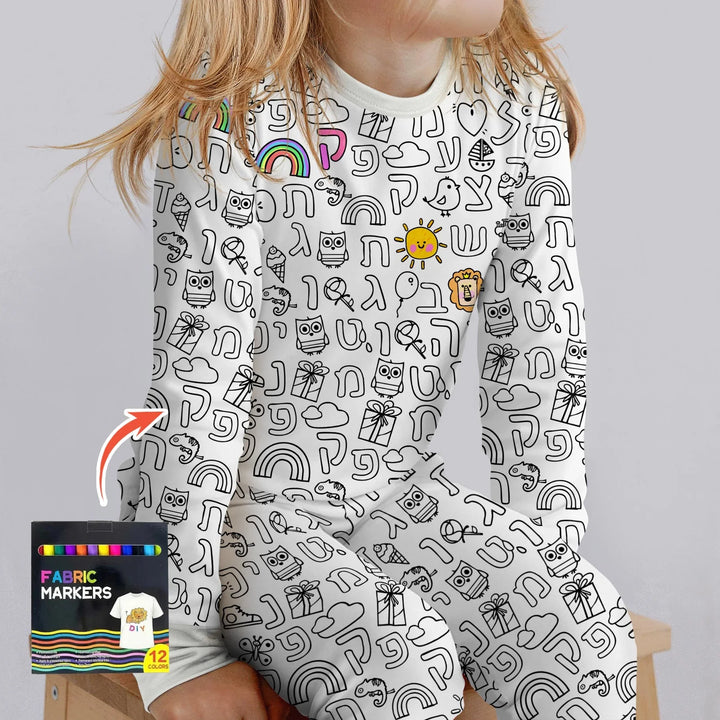 Hebrew Alphabet Colorable Bamboo Two Piece Long Sleeve Pajama Set
