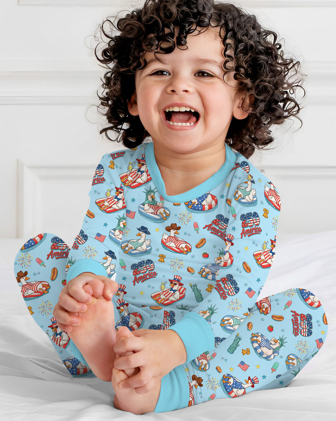 250 America Patriotic Goose Family Matching Bamboo Two Piece Long Sleeve Pajama Set