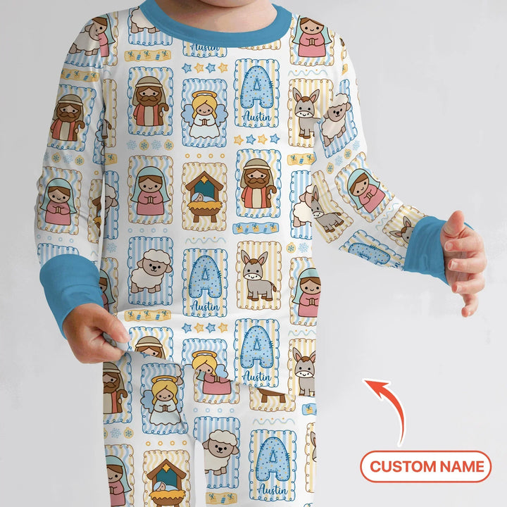 Custom Name Christmas Nativity Bamboo Two Piece Long Sleeve Pajama Set