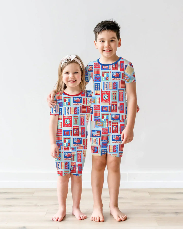 Patriotic Matchbox Family Matching Bamboo Two Piece Short Sleeve Shorts Pajama Set