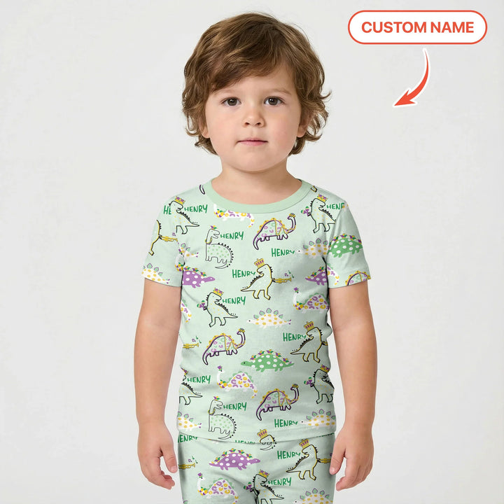 Custom Name Mardi Gras Saurus Bamboo Two Piece Short Sleeve Pajama Set