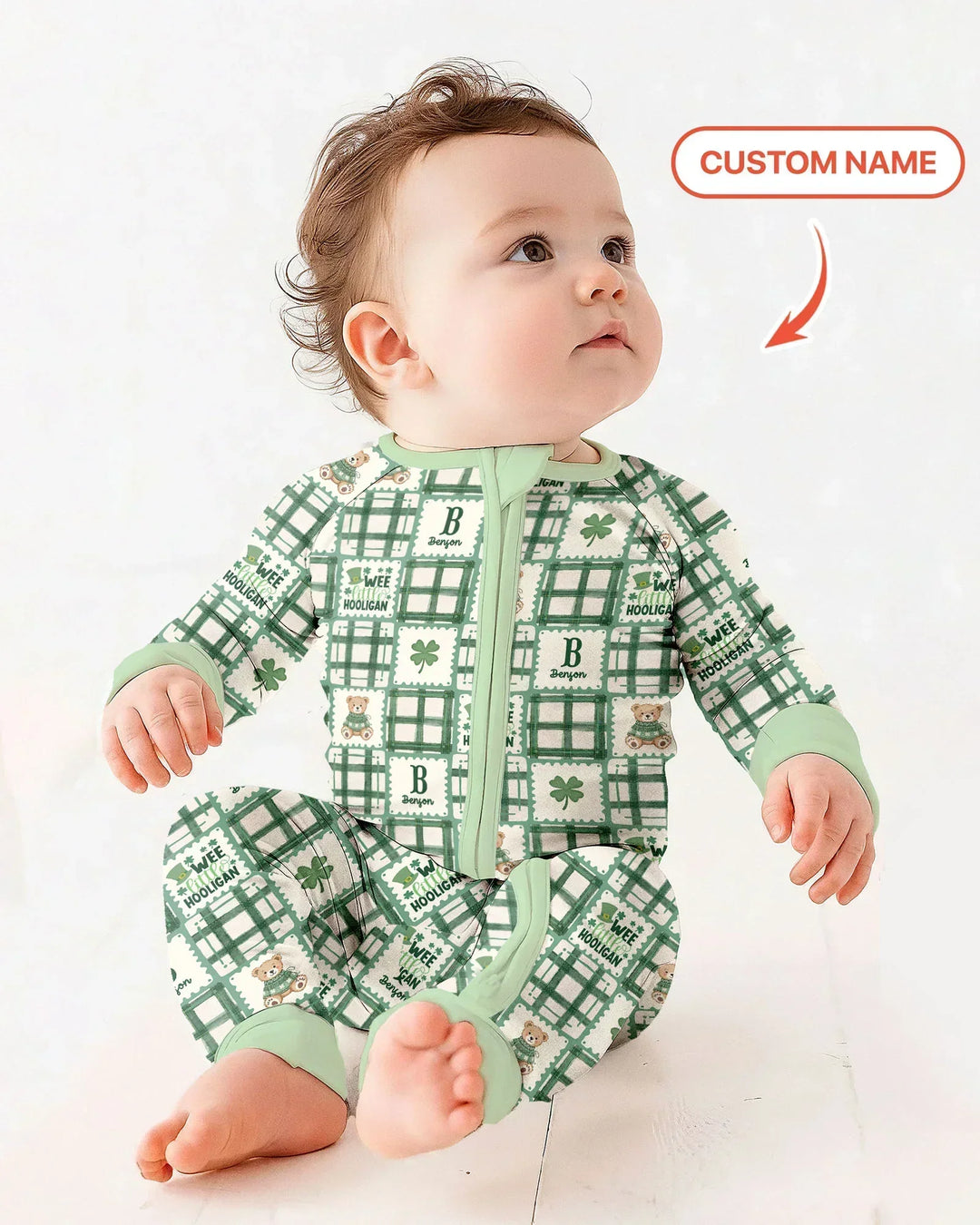 Custom Name Teddy Bear Gingham St. Patrick's Day Bamboo Convertible Zippy