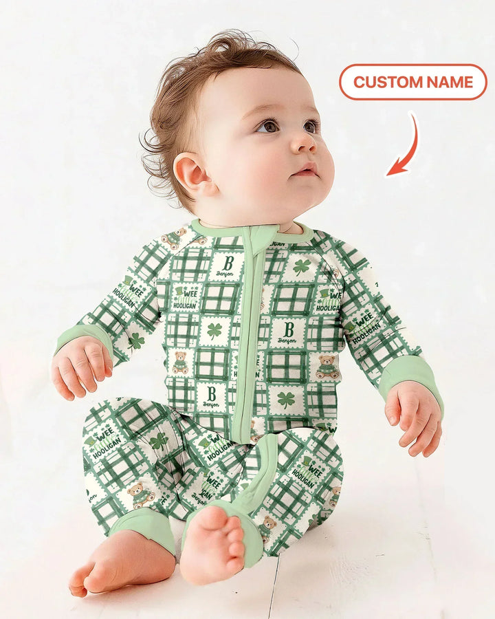 Custom Name Teddy Bear Gingham St. Patrick's Day Bamboo Convertible Zippy