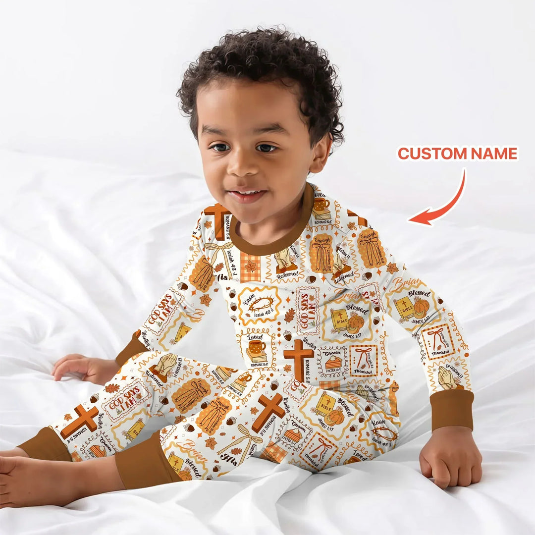 Custom Name I Am Thankful For Jesus Two Piece Long Sleeve Pajama Set , Custom Name I Am Thankful For Jesus Two Piece Long Sleeve Pajama Set - 12-18M