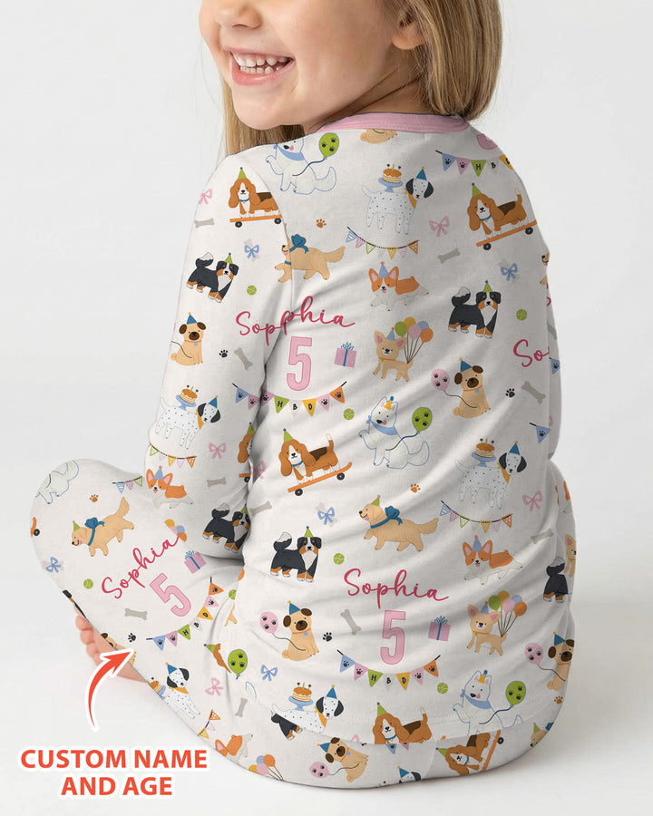 Custom Name Birthday Dogs Party Bamboo Two Piece Long Sleeve Pajama Set