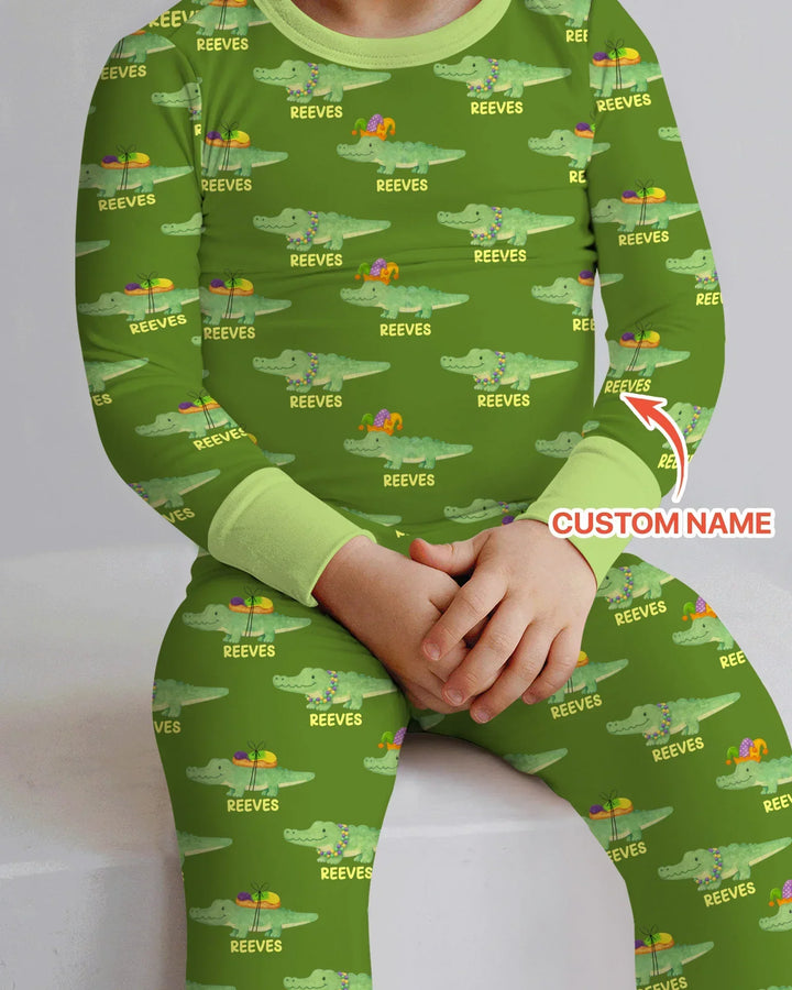 Custom Name Mardi Gras Gator Bamboo Two Piece Long Sleeve Pajama Set