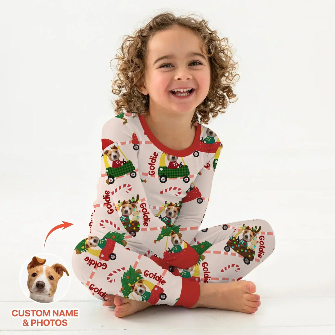 Custom Pet Photo Christmas Tikes Car Bamboo Two Piece Long Sleeve Pajama Set