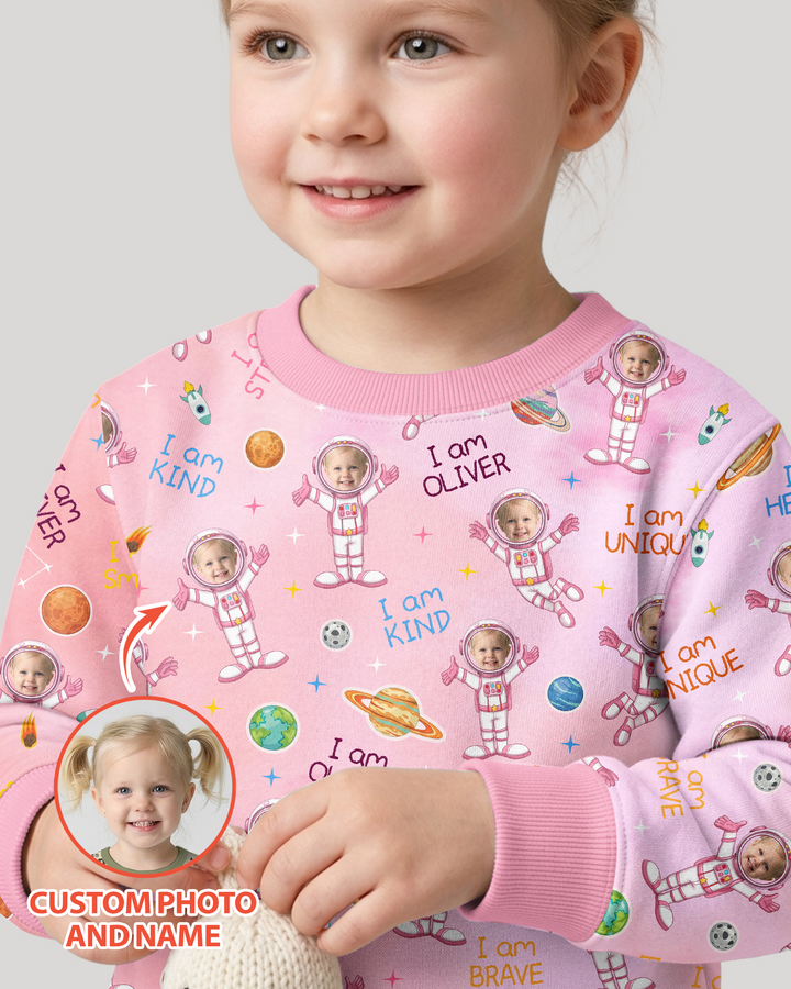 Custom Photo Kid Affirmations I Am Kind Astronaut Bamboo Crewneck Sweatshirt
