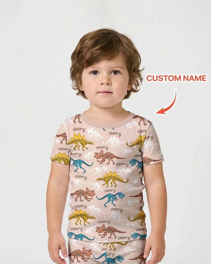 Dino Bones Parade Custom Name Bamboo Two Piece Short Sleeve Shorts Pajama Set