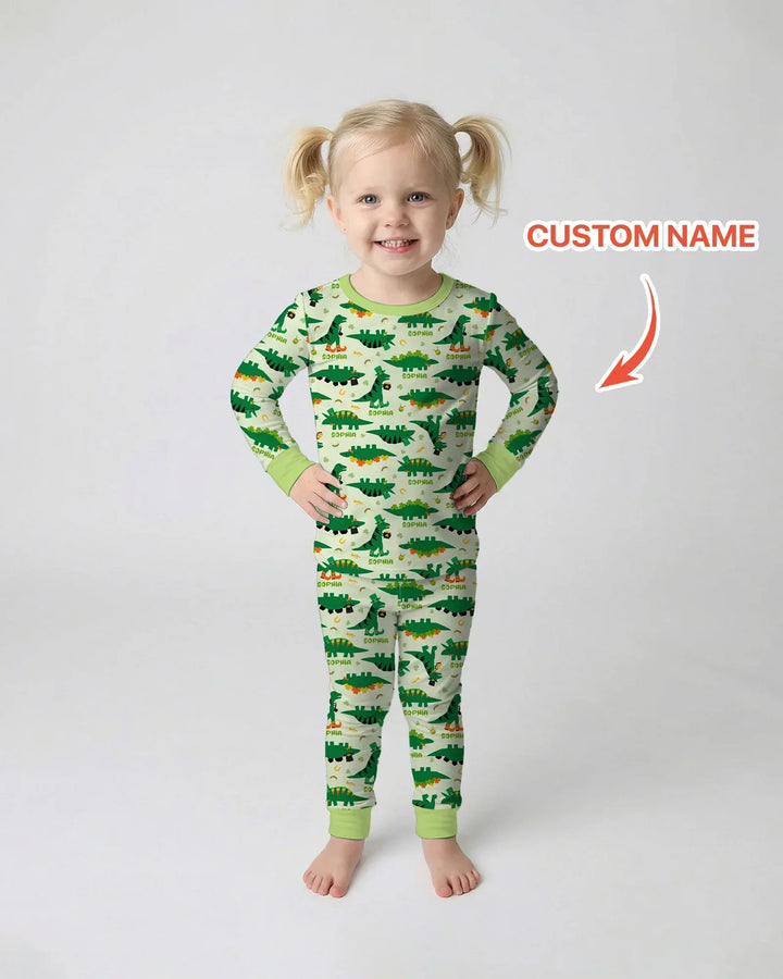 Custom Name St. Patrick's Day Dinosaurs Bamboo Two Piece Long Sleeve Pajama Set