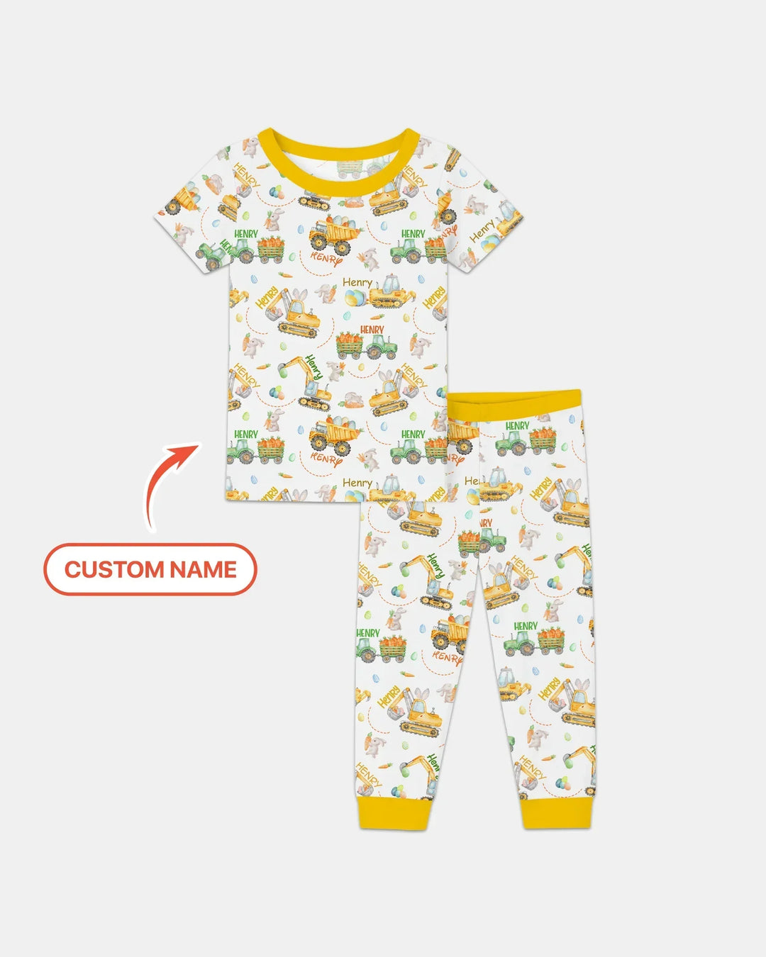 Easter Construction Vehicles Custom Name Bamboo Two Piece Short Sleeve Pajama Set