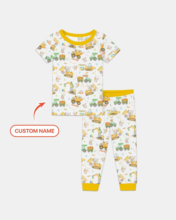Easter Construction Vehicles Custom Name Bamboo Two Piece Short Sleeve Pajama Set