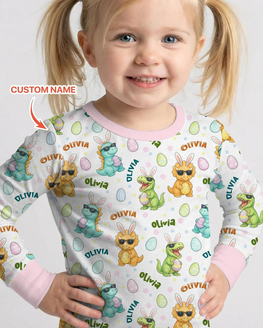 Custom Name Dinosaur on the Hunt Bamboo Two Piece Long Sleeve Pajama Set