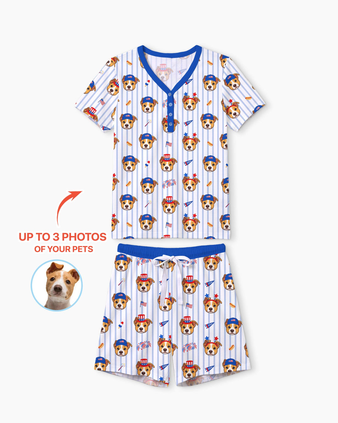 Custom Pet Image 4th of July Family Matching Bamboo Women Short Sleeve Short Pajama