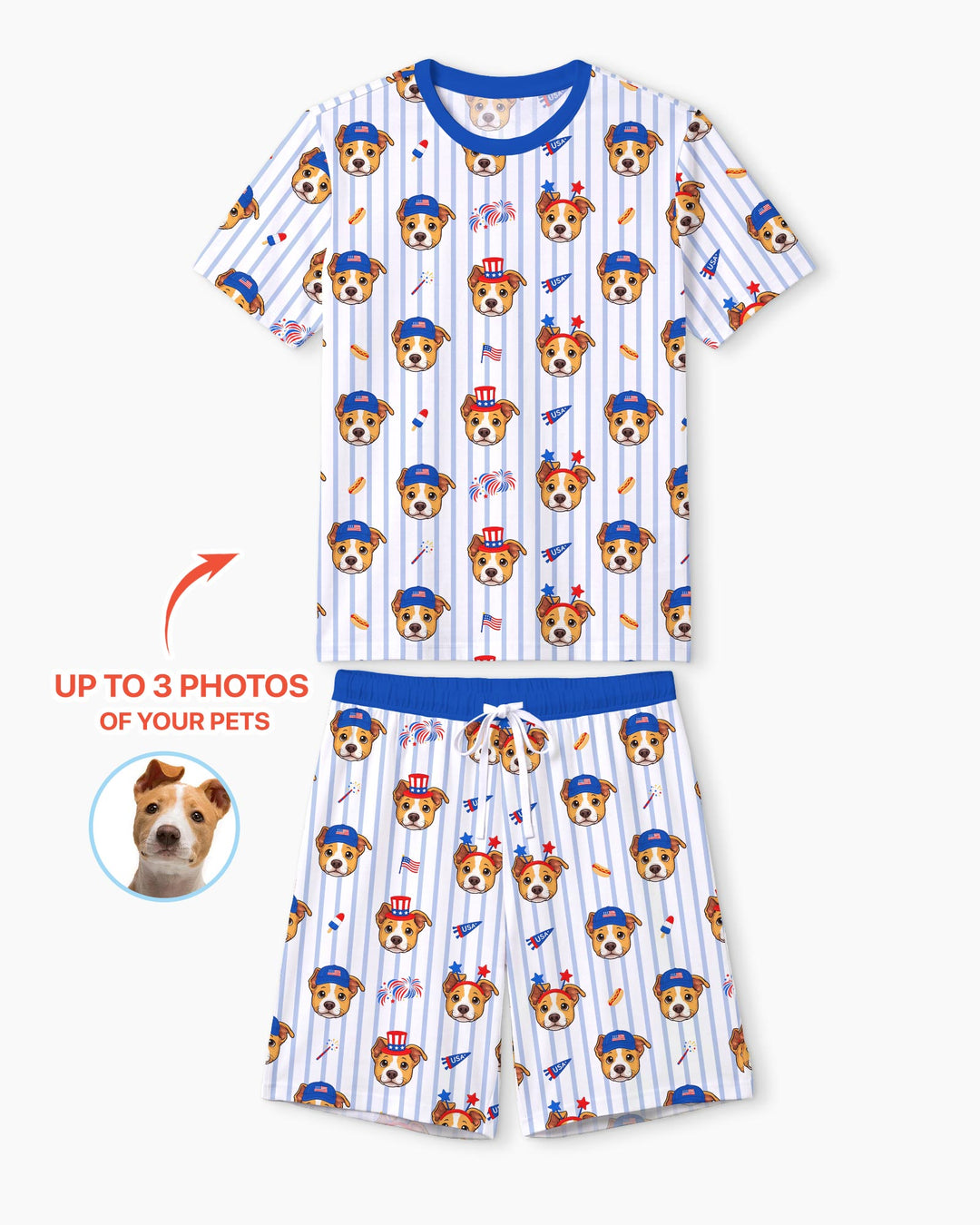 Custom Pet Image 4th of July Family Matching Bamboo Men Short Sleeve Short Pajama Set