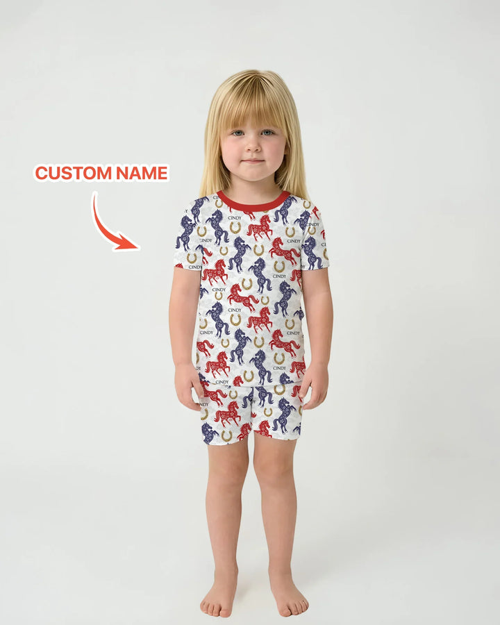 Custom Name Chinoiserie Horses Bamboo Two Piece Short Sleeve Shorts Pajama Set