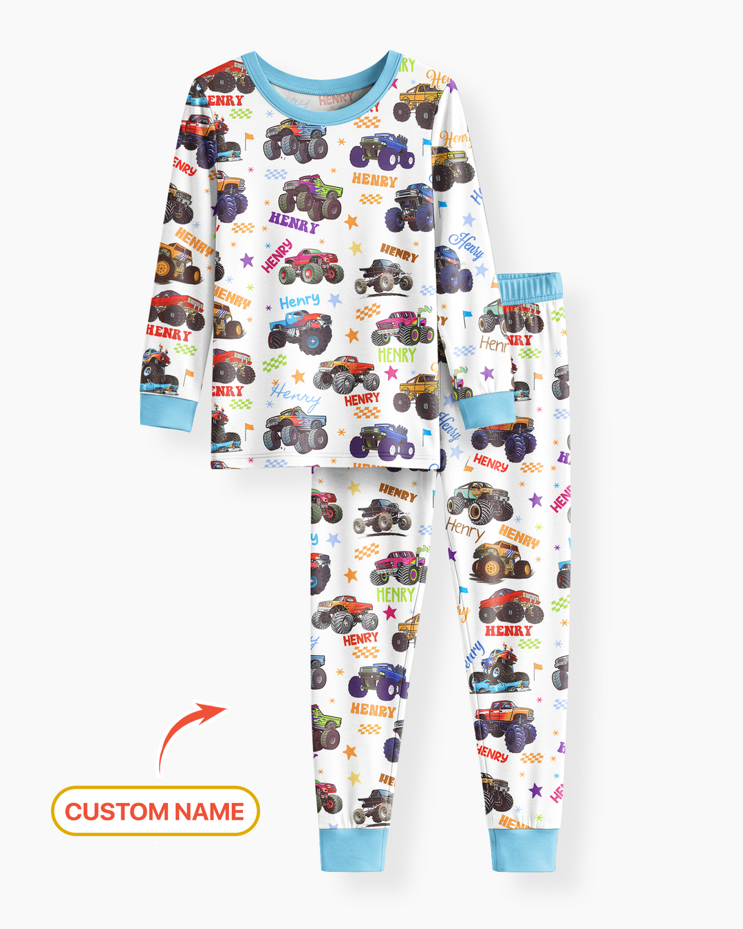 Monster Truck Custom Name Bamboo Two Piece Long Sleeve Pajama Set