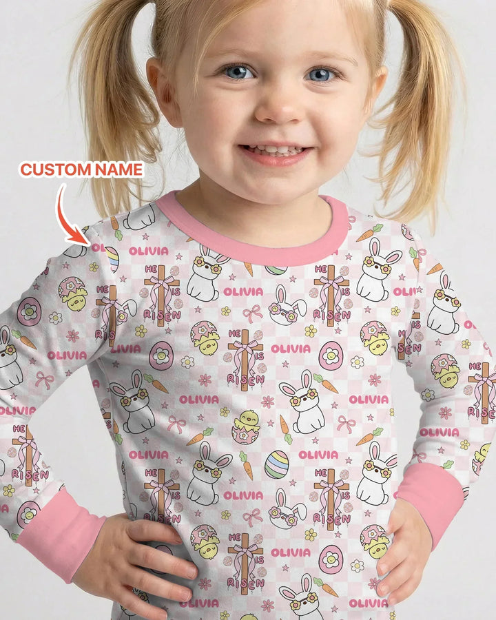 Custom Name Retro Easter Bamboo Two Piece Long Sleeve Pajama Set