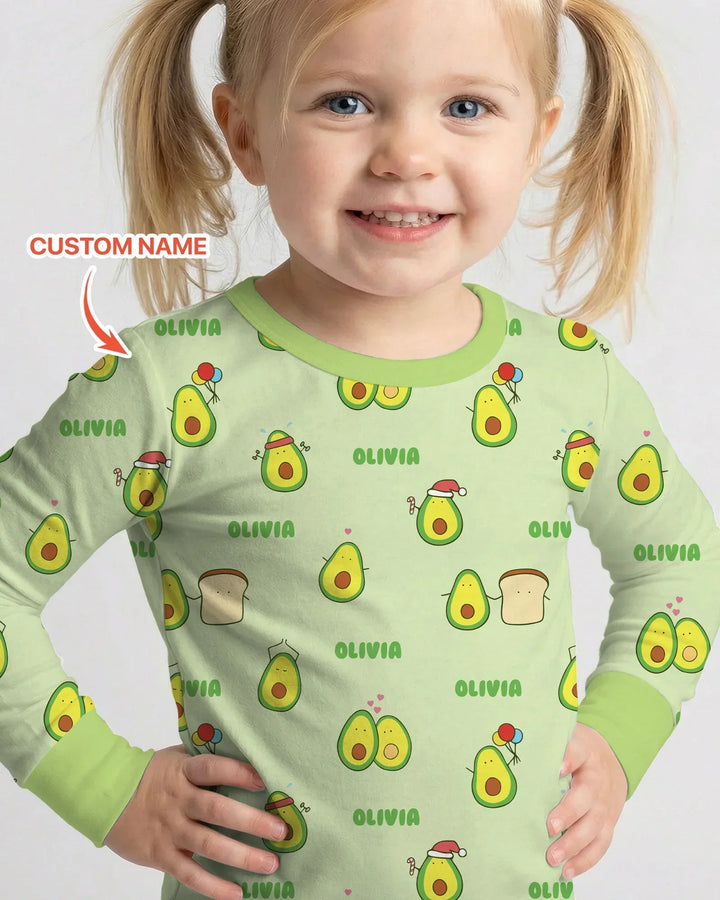 Custom Name Cute Avocado Bamboo Two Piece Long Sleeve Pajama Set