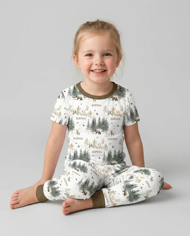 Custom Name Forest Bear Deer Bamboo Two Piece Short Sleeve Pajama Set