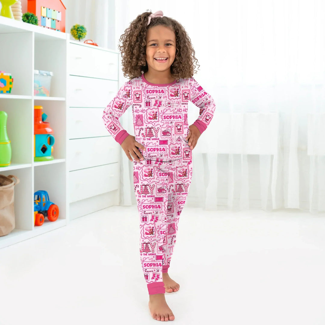Custom Name Preppy Pink Christmas Two Piece Long Sleeve Pajama Set , Custom Name Preppy Pink Christmas Two Piece Long Sleeve Pajama Set - 12-18M