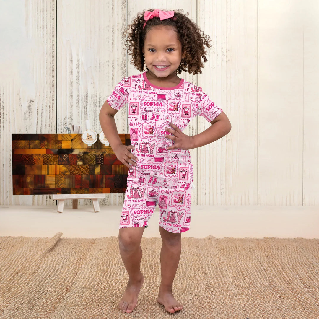 Custom Name Preppy Pink Christmas Two Piece Short Sleeve Shorts Pajama Set , Custom Name Preppy Pink Christmas Two Piece Short Sleeve Shorts Pajama Set - 12-18M