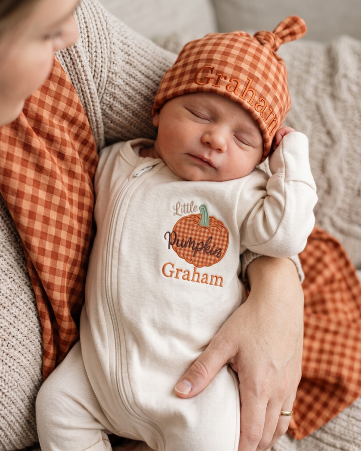 Custom Name Little Pumpkin Gingham Applique Embroidered Bamboo Zipper Footie