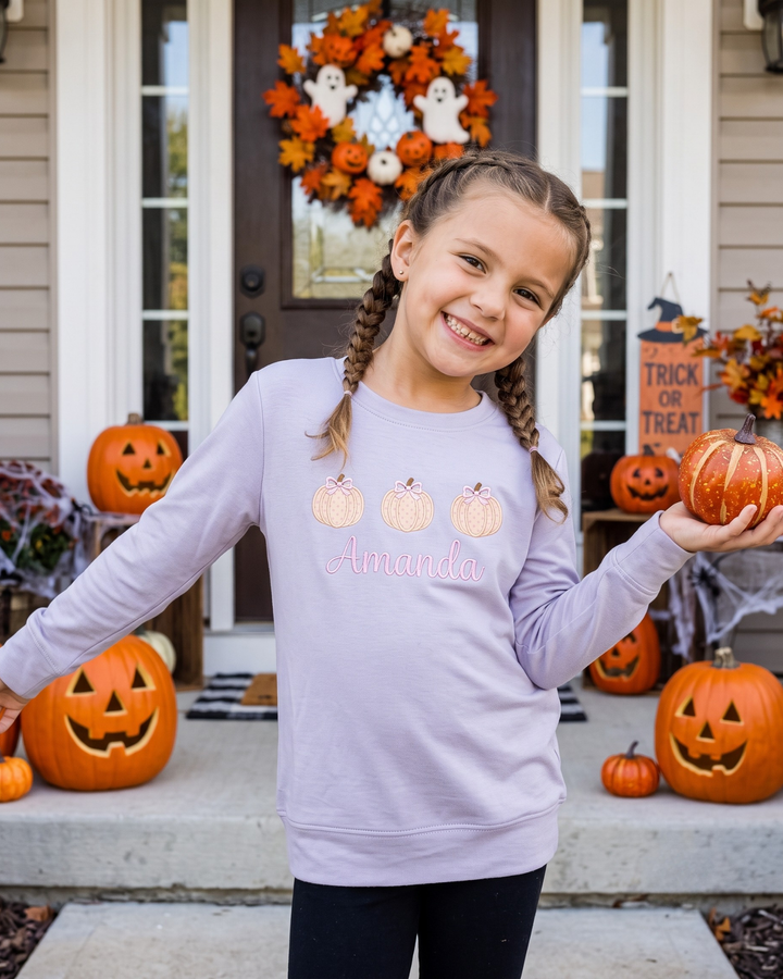 Custom Name Sweet Pumpkin Bow Embroidered Bamboo Crewneck Sweatshirt
