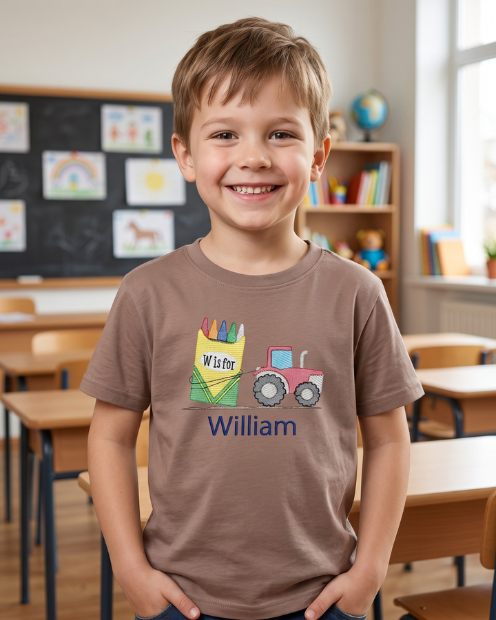 Custom Name Crayon Tractor Embroidered Bamboo Crewneck T-Shirt