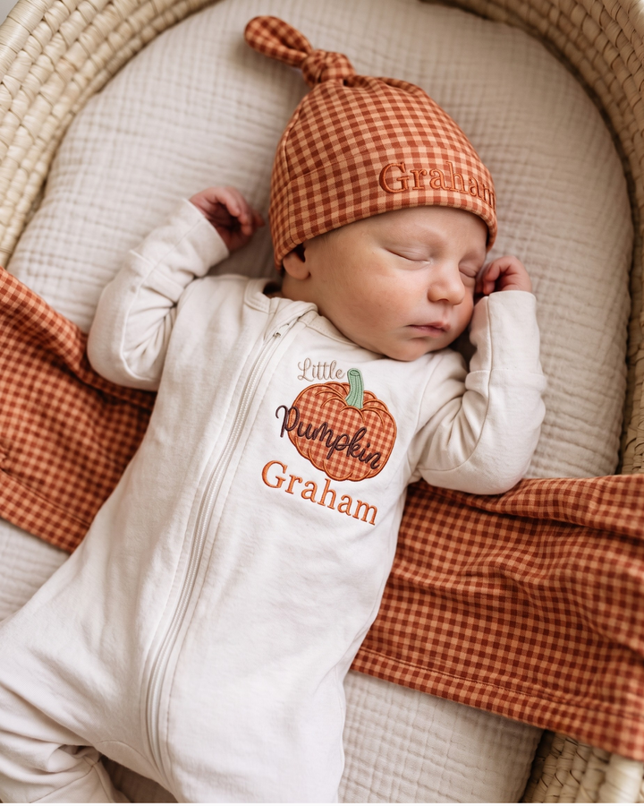 Custom Name Little Pumpkin Gingham Applique Embroidered Bamboo Zipper Footie
