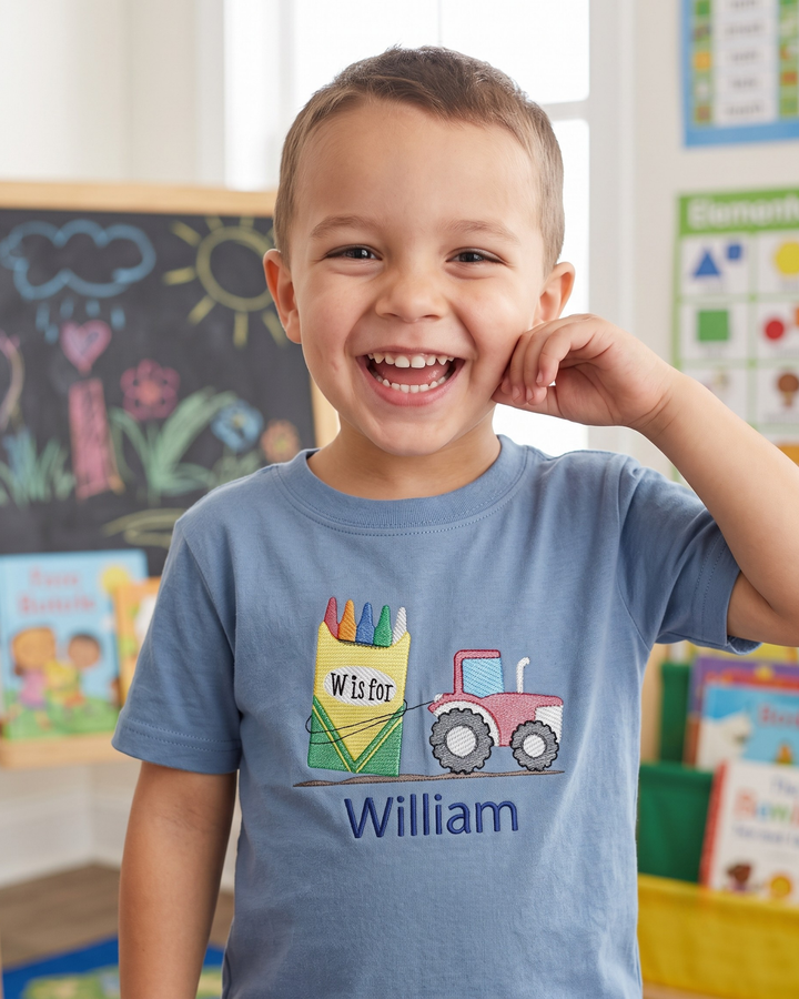 Custom Name Crayon Tractor Embroidered Bamboo Crewneck T-Shirt