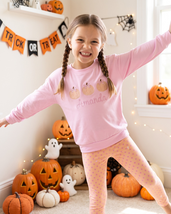 Custom Name Sweet Pumpkin Bow Embroidered Bamboo Crewneck Sweatshirt