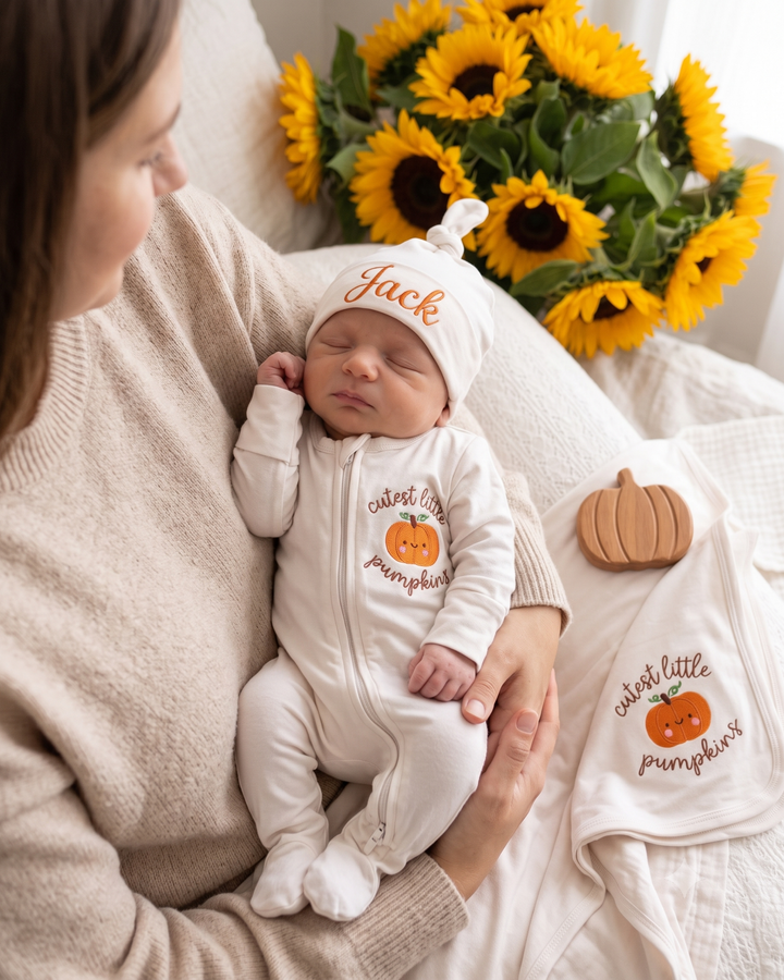 Personalized Cutest Little Pumpkin Embroidered Bamboo Zipper Footie