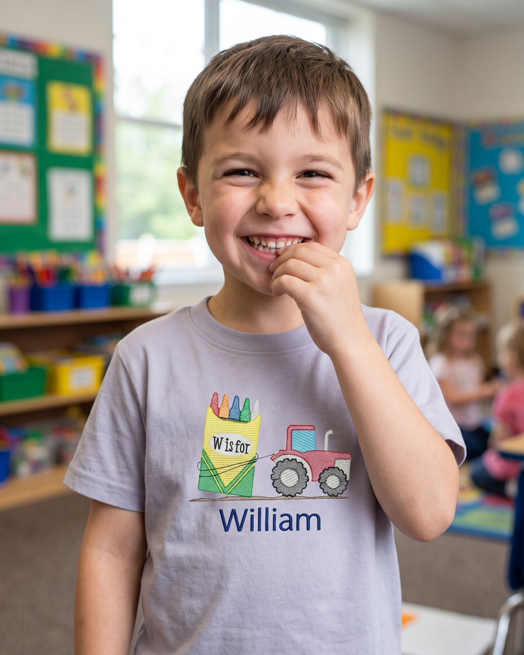 Custom Name Crayon Tractor Embroidered Bamboo Crewneck T-Shirt