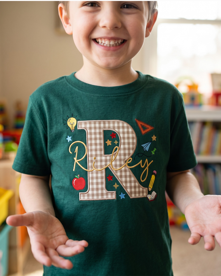 Custom Name School Spirit Applique Embroidered Bamboo Crewneck T-Shirt