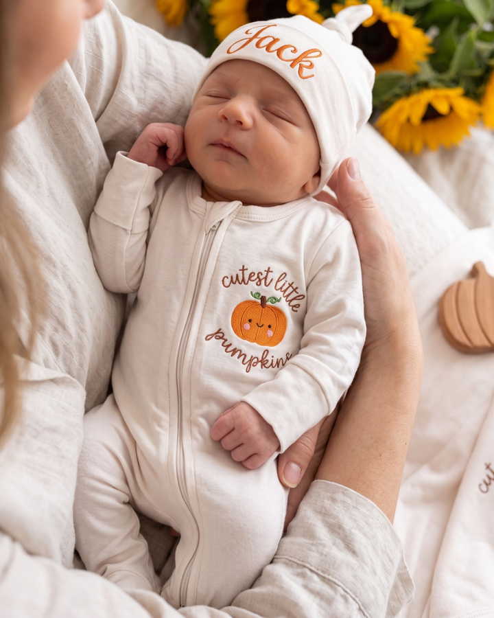 Personalized Cutest Little Pumpkin Embroidered Bamboo Zipper Footie