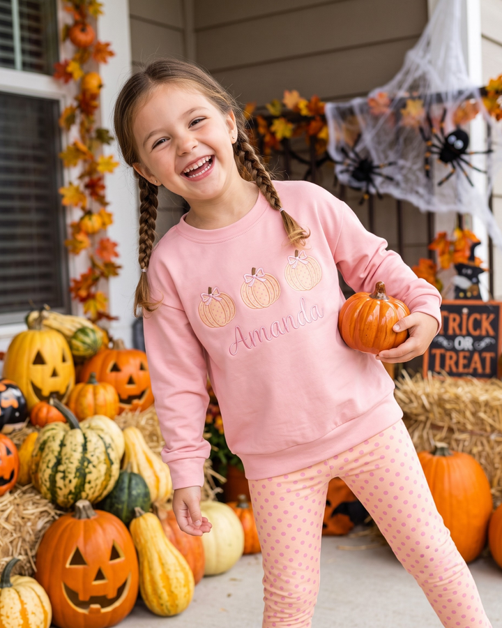 Custom Name Sweet Pumpkin Bow Embroidered Bamboo Crewneck Sweatshirt