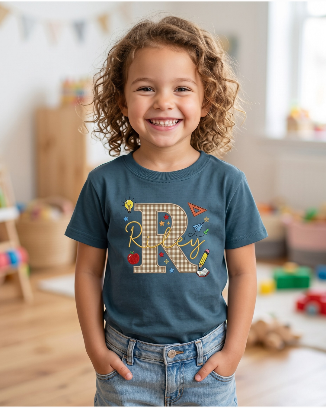 Custom Name School Spirit Applique Embroidered Bamboo Crewneck T-Shirt