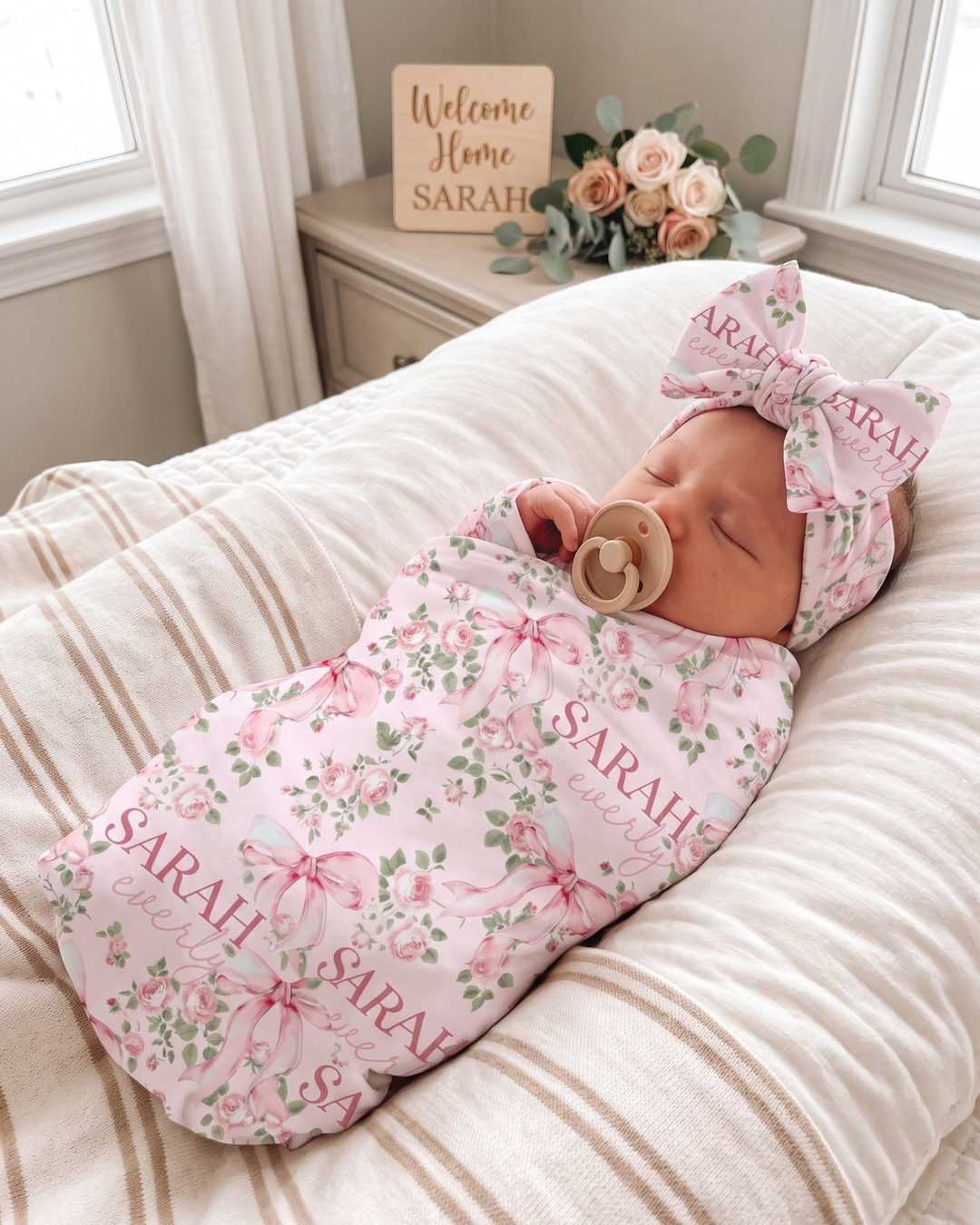 Sweet Rose Bouquet & Ribbon Bliss Bamboo Swaddle Blanket