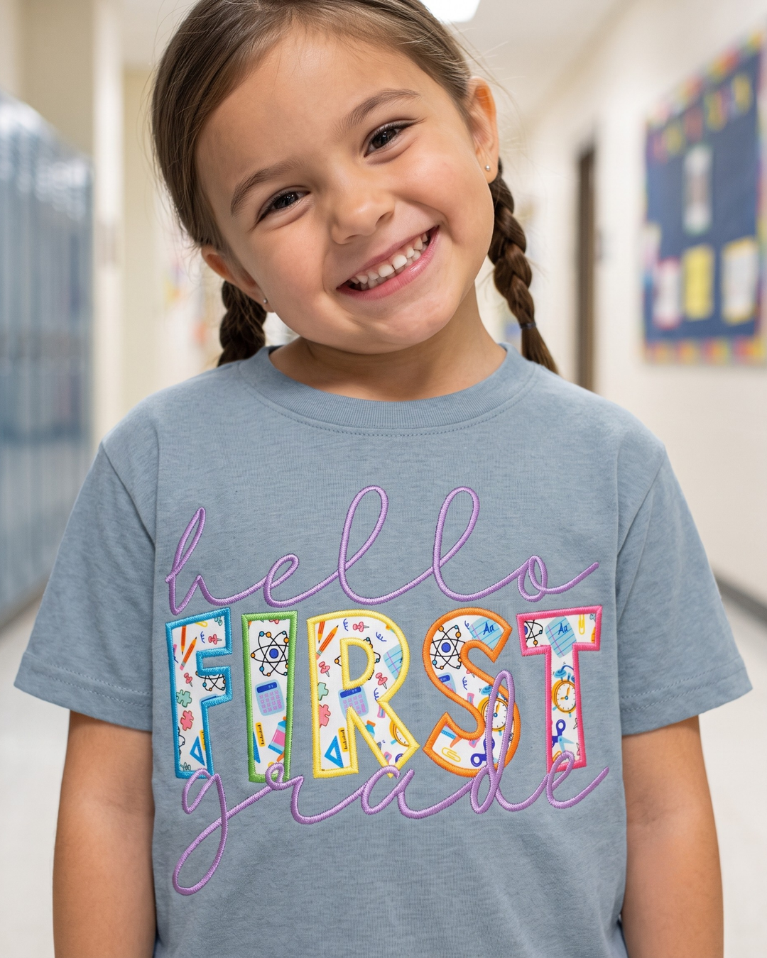 Hello First Grade Applique Embroidered Bamboo Crewneck T-Shirt