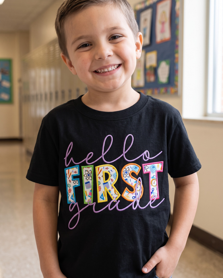Hello First Grade Applique Embroidered Bamboo Crewneck T-Shirt