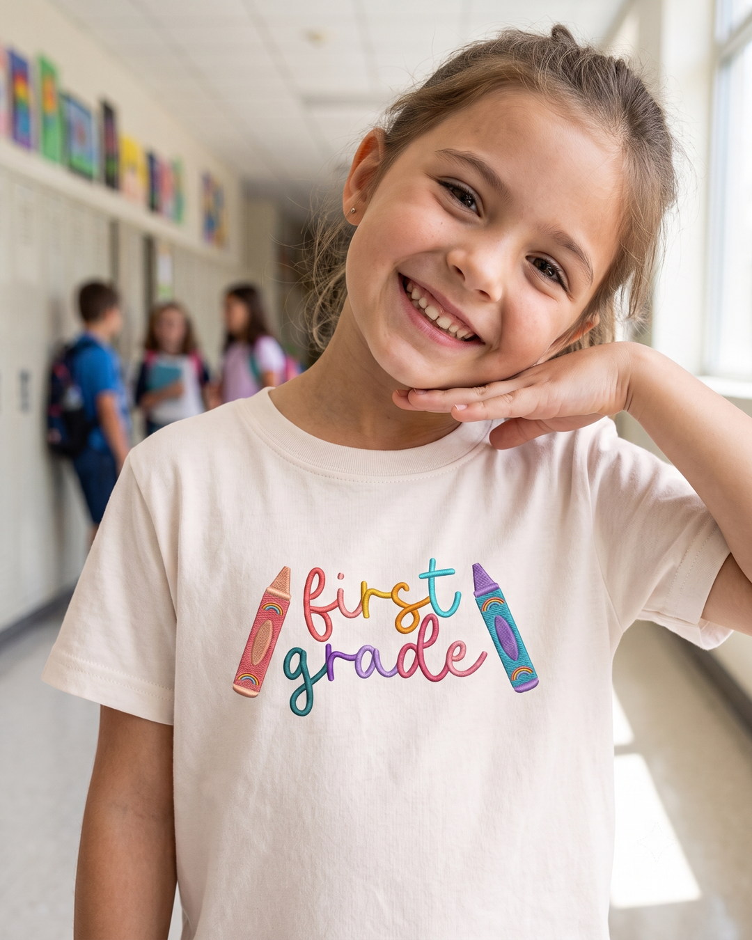 First Grade Crayon Embroidered Bamboo Crewneck T-Shirt