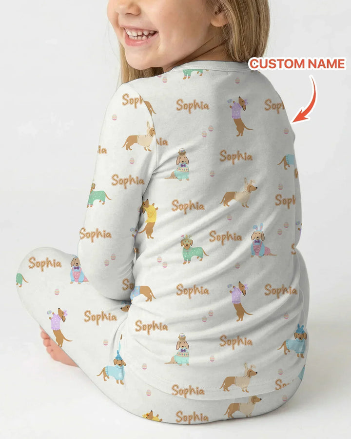Custom Name Easter Dachshund Bamboo Two Piece Long Sleeve Pajama Set