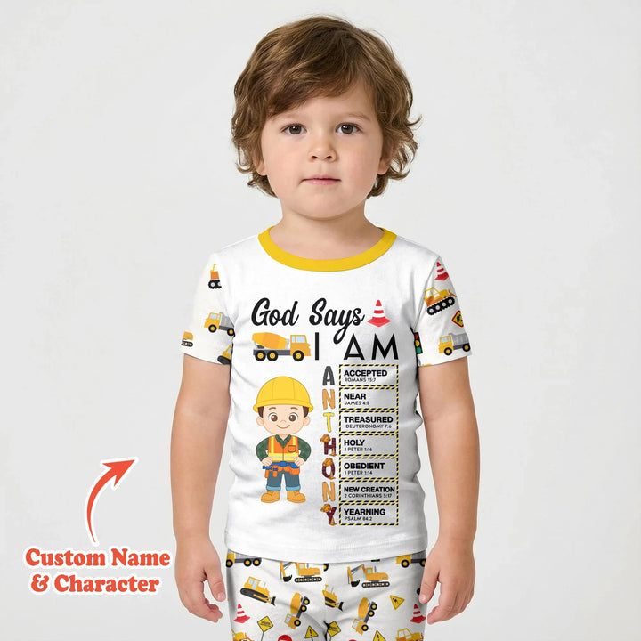 Custom Name God Says I Am Little Builder Letter in Bible Bamboo Two Piece Short Sleeve Shorts Pajama Set
