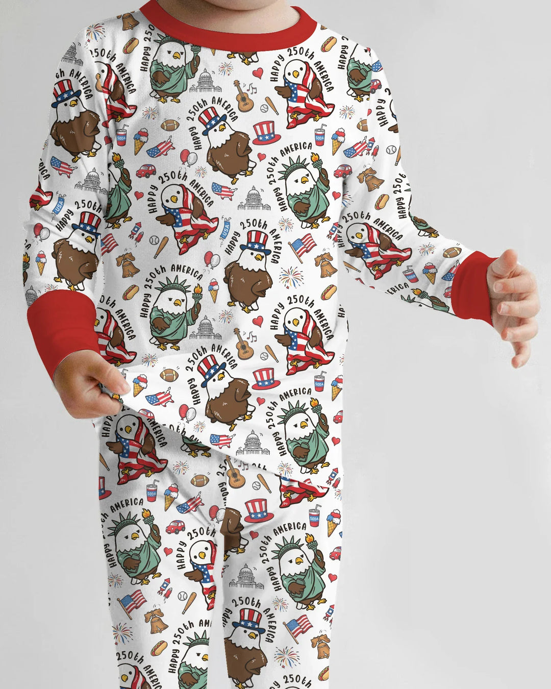 Happy 250th America Cute Patriotic Eagles Family Matching Bamboo Two Piece Long Sleeve Pajama Set
